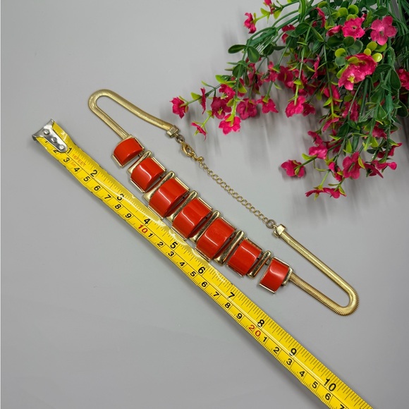 Vintage Acrylic Geometric Design Gold and Red Statement Necklace - Picture 4 of 5
